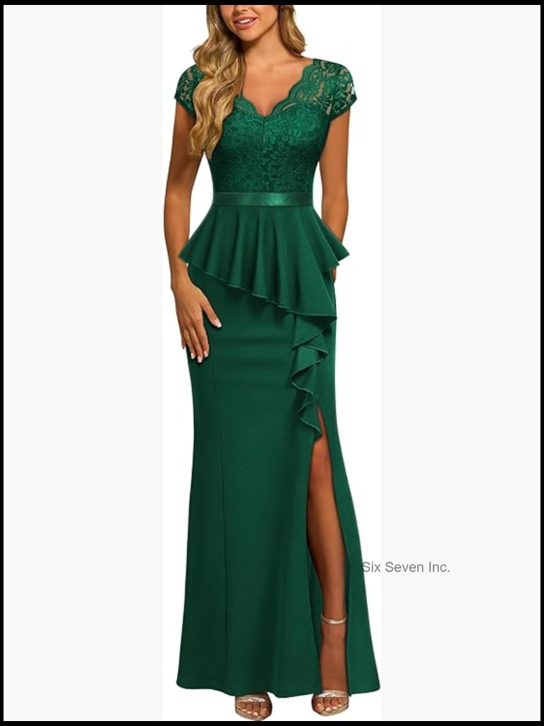Elegant Floral Lace Ruffle Split Maxi Dress, Cap Sleeve V-Neck